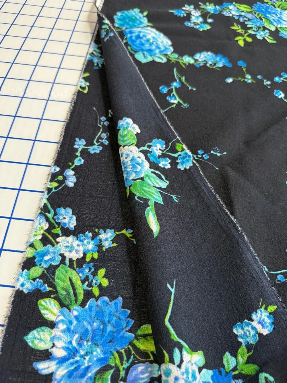 Suggested Title  Vintage 1980s Blue/Black Floral Polyester Dress Fabric 1.5 Yds